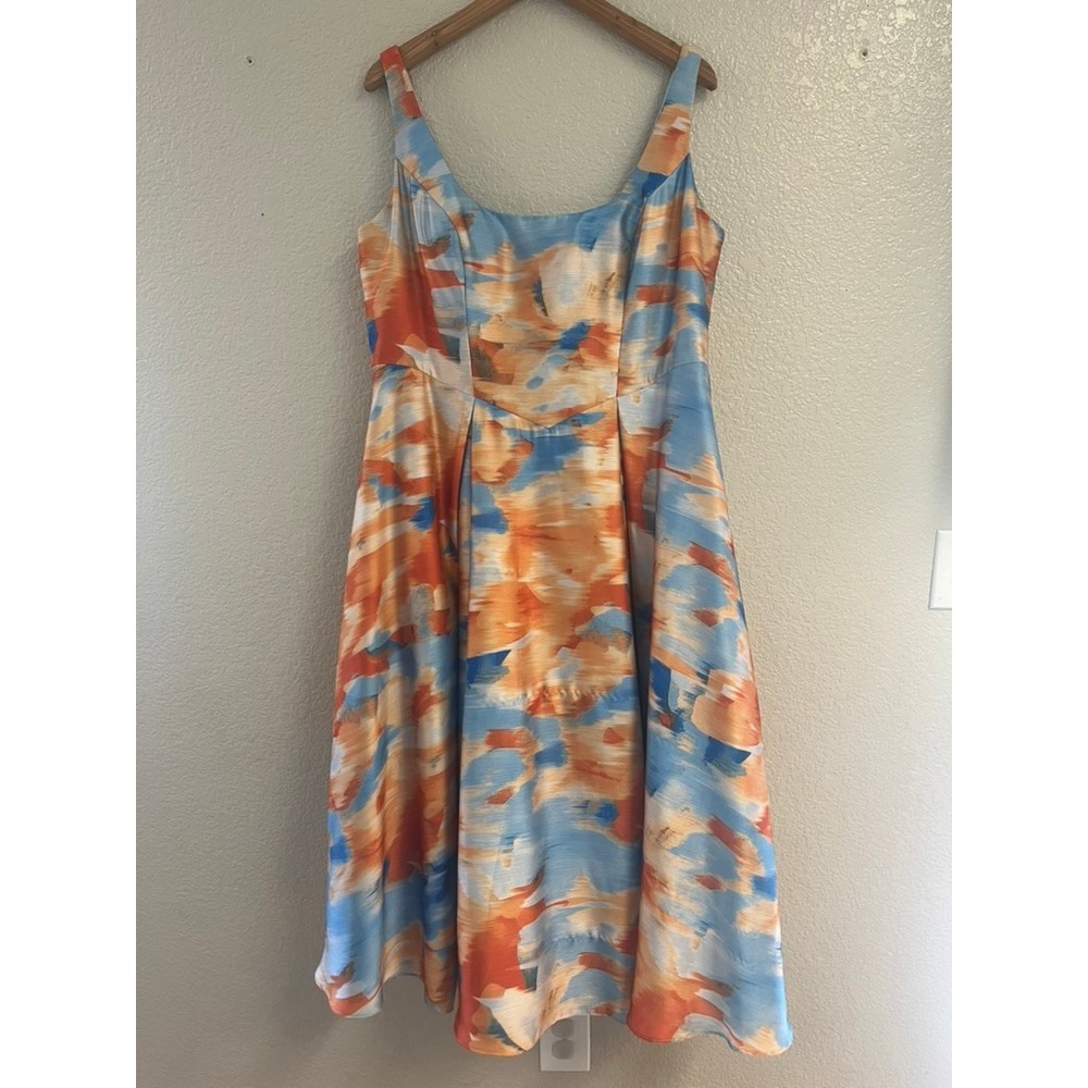 Sleeveless Midi Dress in Blue & Orange Abstract Print